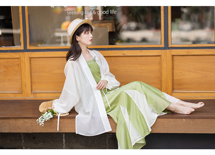 Chixia~Green Plum~Han Lolita Green-White Side Split Skirt Set   