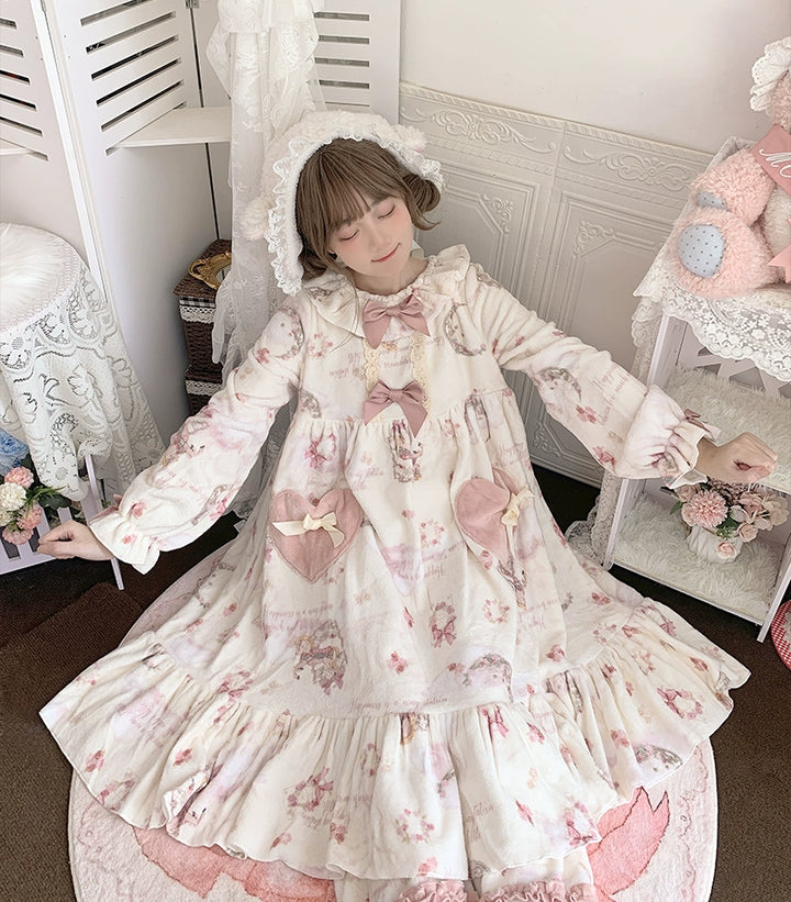 Baduoni~Starry With Moon~Winter Sweet Lolita Nightgown Dress Flannel Dree with Pants