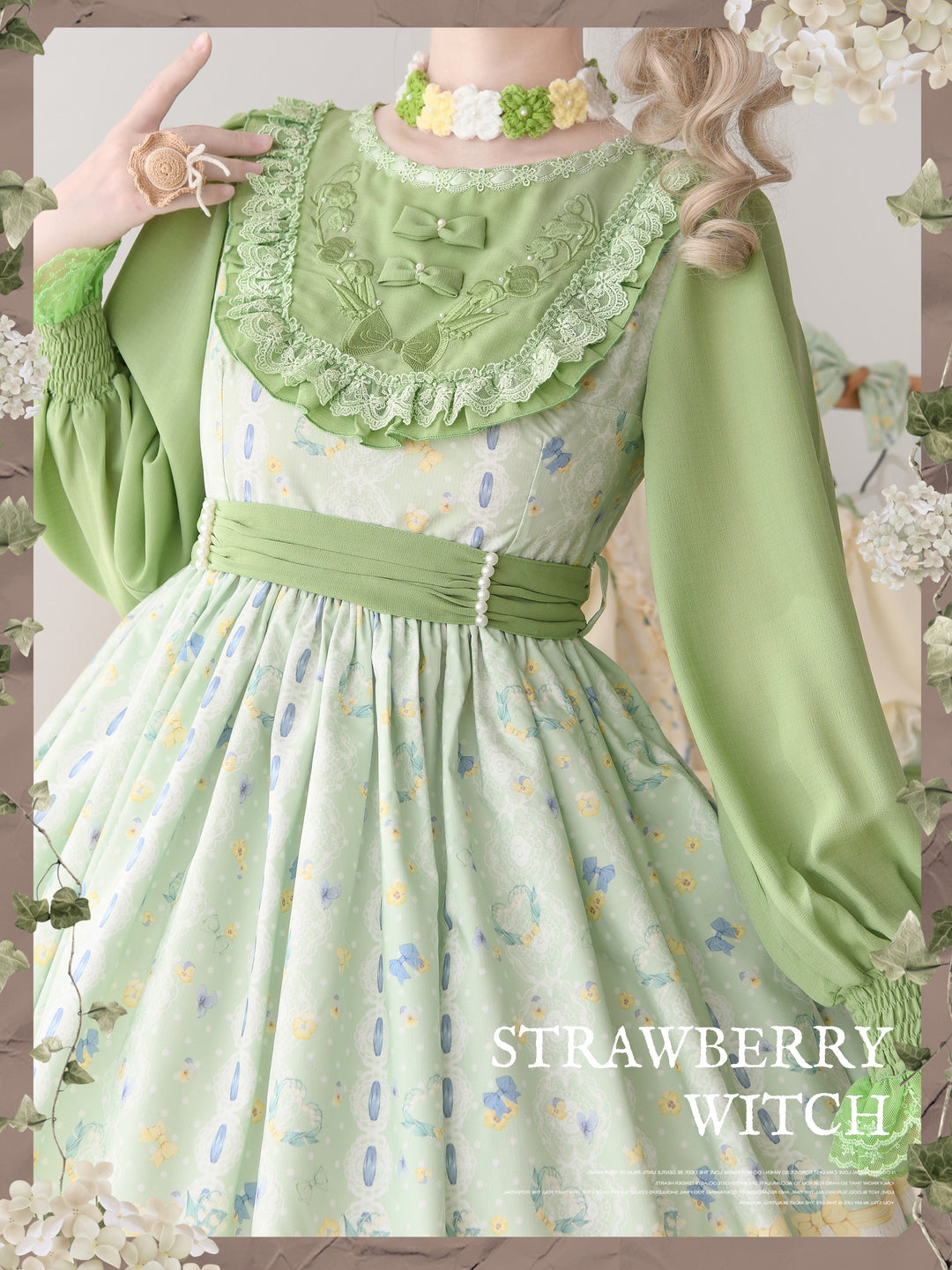 Strawberry Witch~Lily of the Valley Kitten~Country Lolita OP with Embroidery and Cat Print