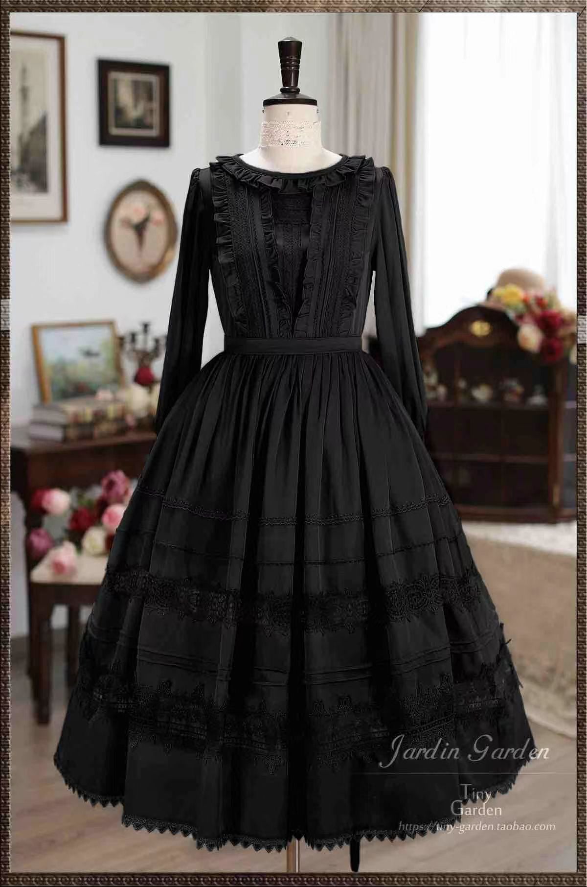 Tiny Garden~Spring Whispers~Elegant Lolita OP Dress French Style Long/Short Sleeve Long sleeve S (long length) Black (Tencel)