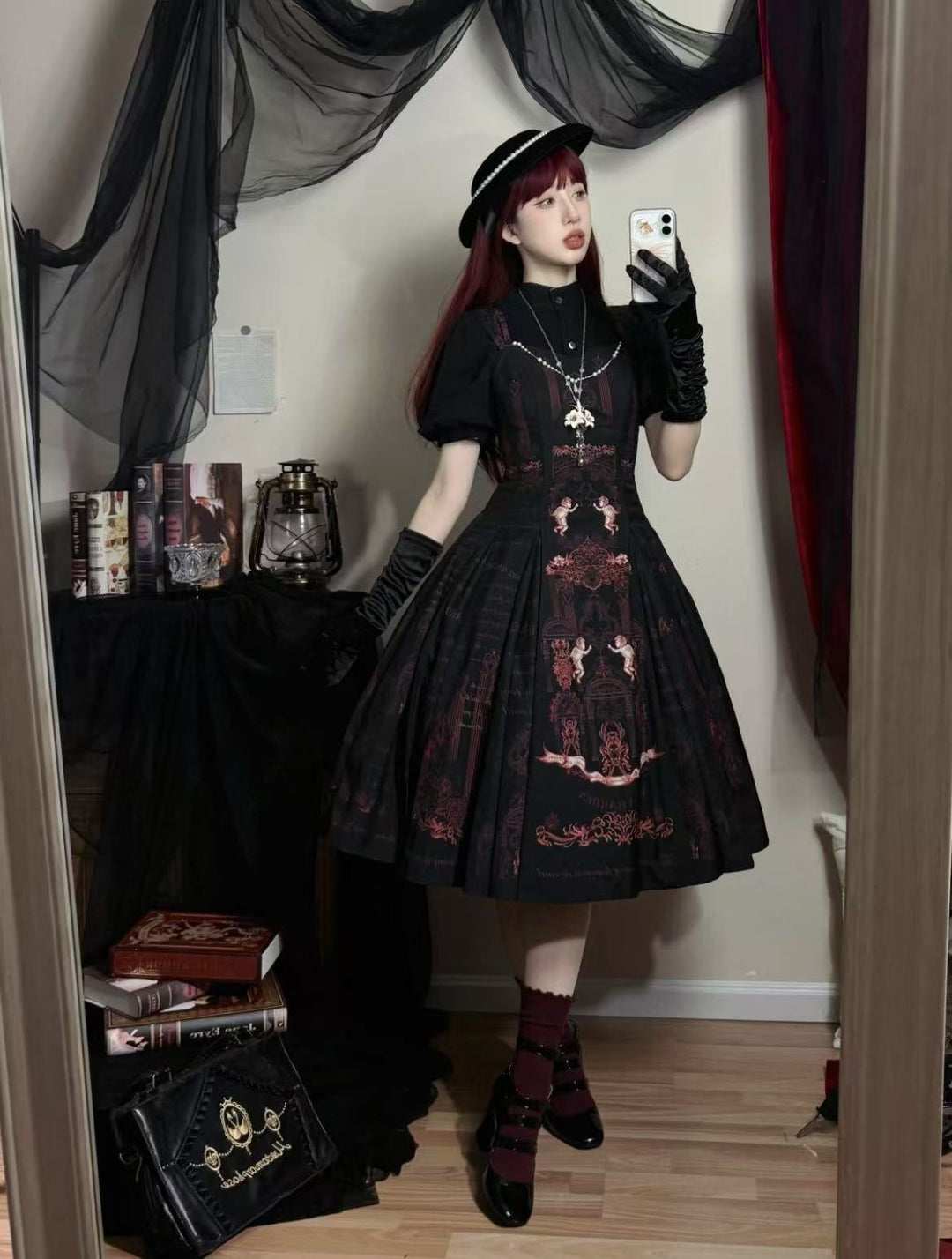 Vault Design~Angel Garden~Gothic Lolita JSK Black Jumper Skirt with Red Prints