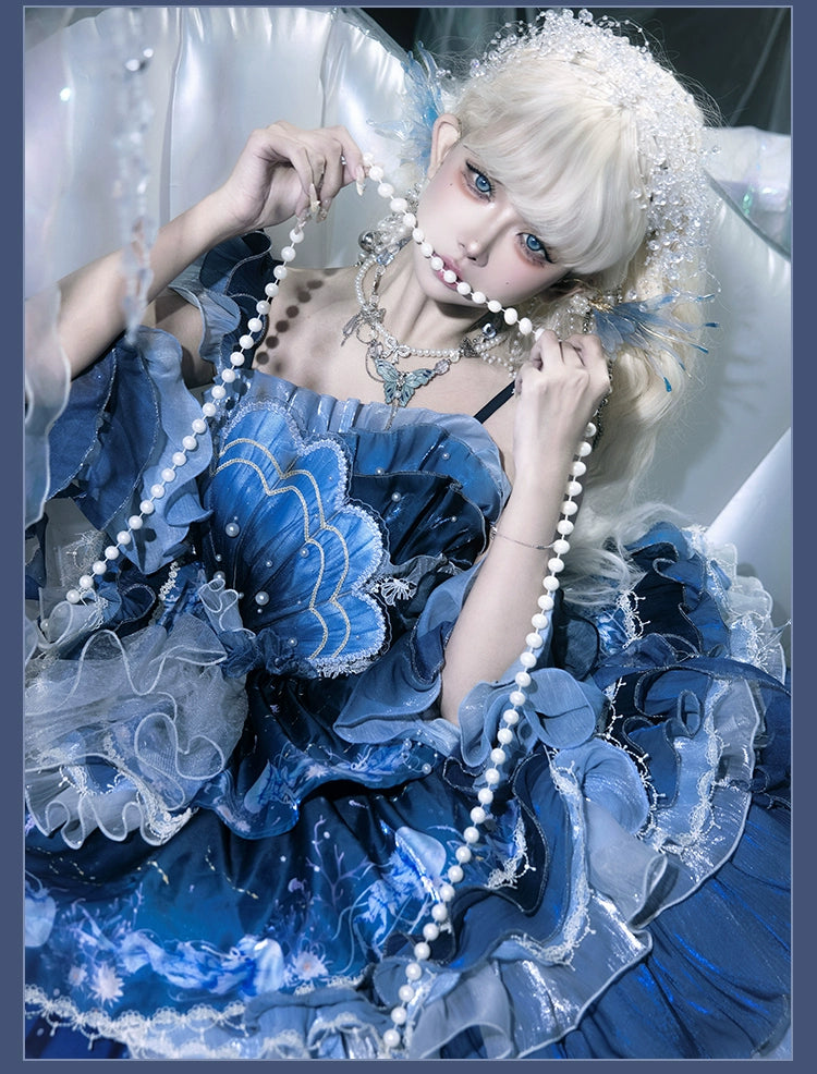 YingLuoFu - Blue Breath Jellyfish - Classic Lolita Jumper Dress, Side Zipper