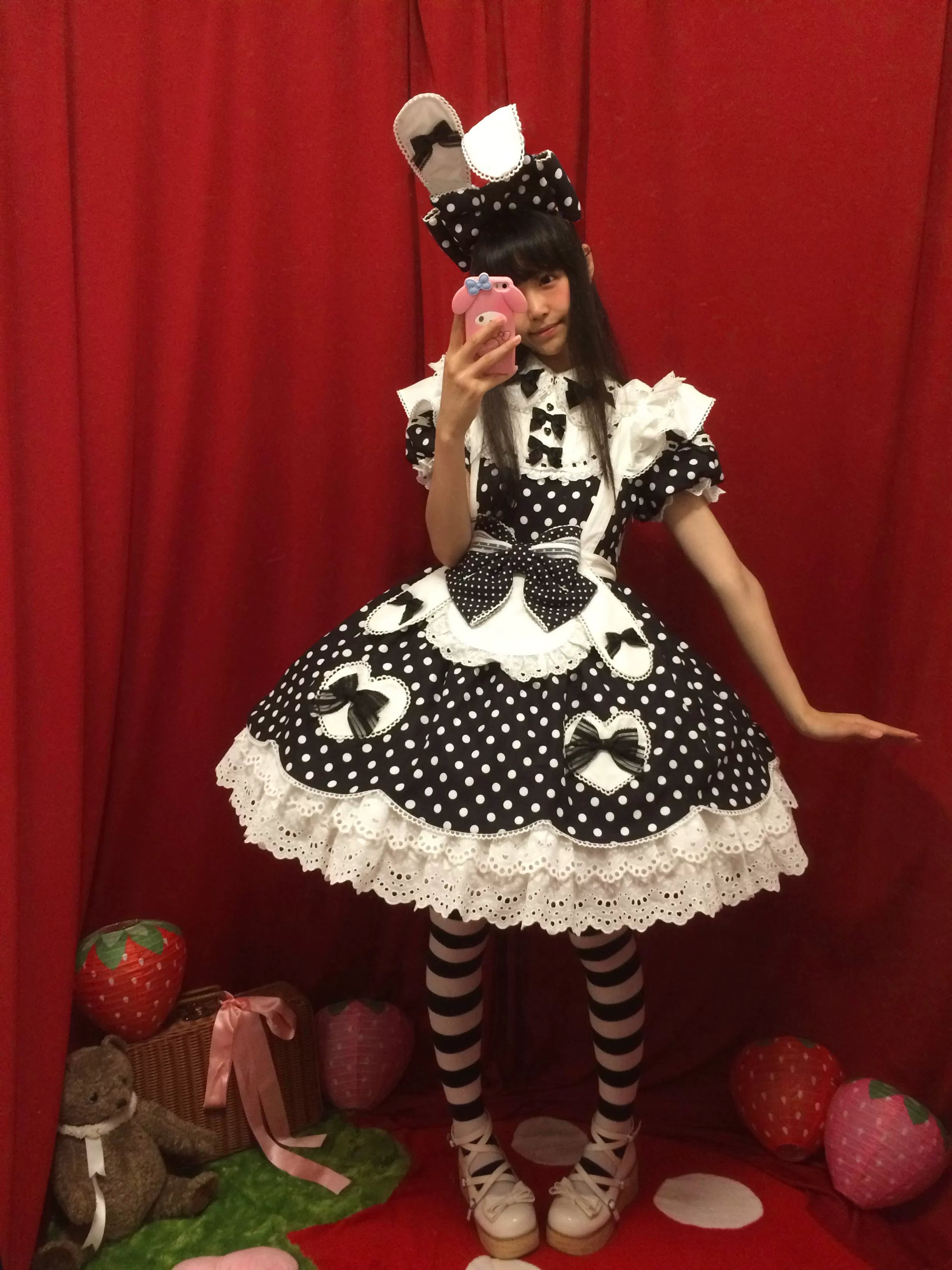 Bunny Kissaten - Four Colors Old School Lolita Polka Dot OP, Bunny Ear Apron 45824:864252