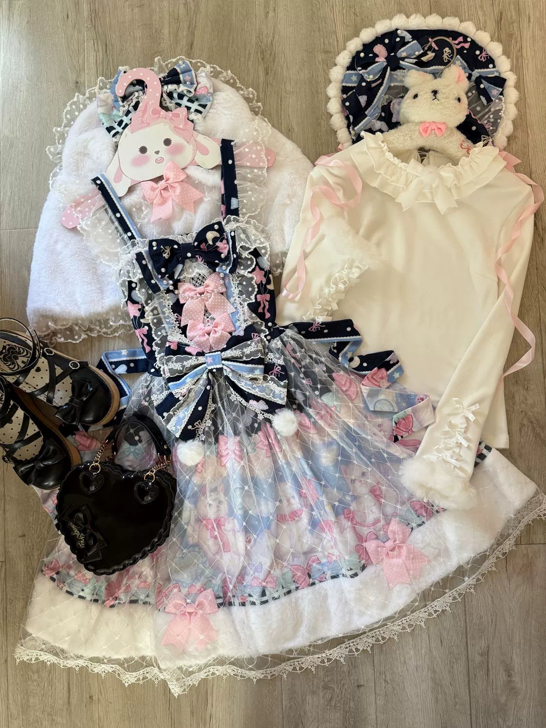 Hanguliang - Candy Mary Cat - Fluffy Sweet Lolita JSK Dress, Kitten Print White Top Only S
