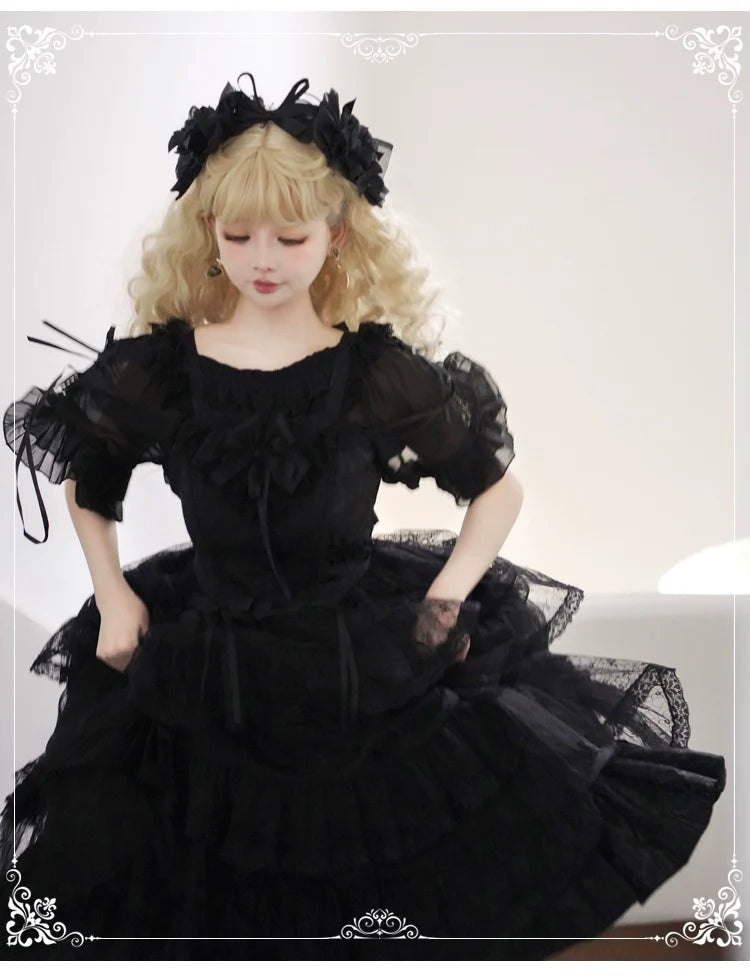 Eieyomi - Iris Love - Elegant Black Lolita JSK Dress, Short Sleeve 44383:806048