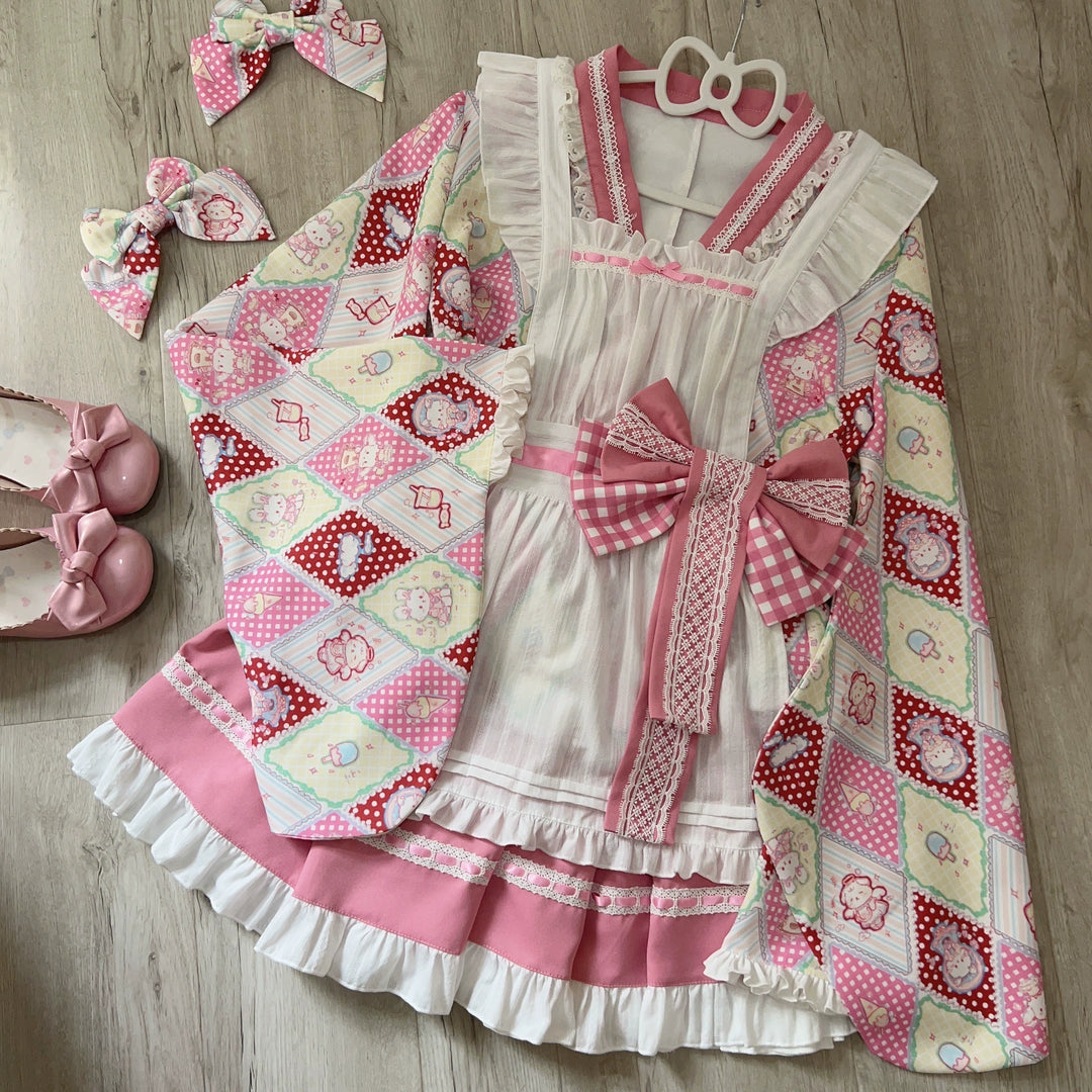 Sugar Girl~Showa Sweetness~Maid Wa Lolita Skirt Set Cute Summer Lolita Bow Apron S Pink skirt + top + apron + waist bow 
