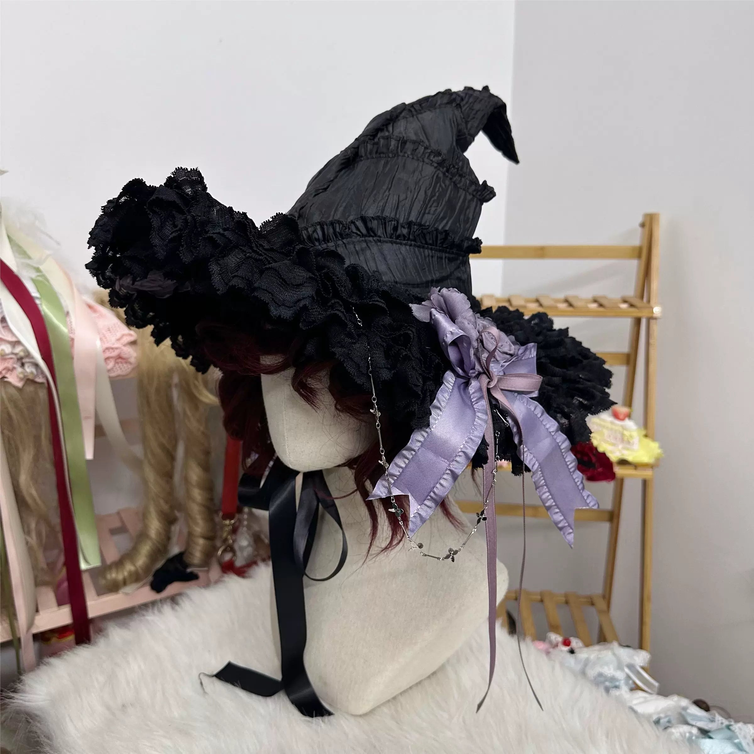 Gothic Lolita Witch Hat with Rose Bow Witch Hat + Light Purple Rose