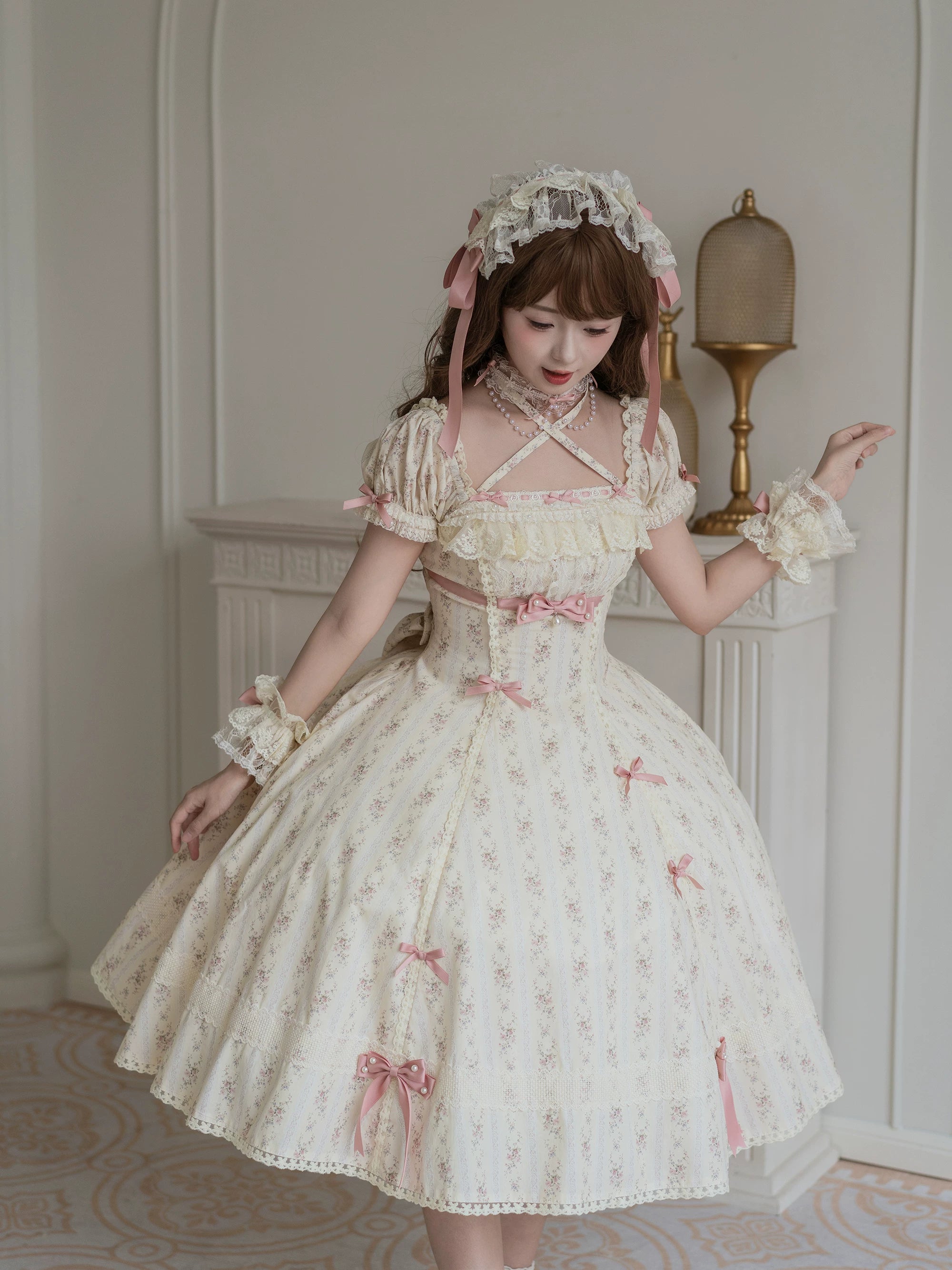 Garden Encounter of Three Springs - Cotton Old School Lolita Floral Print OP, Lace Back Opening 45674:858612