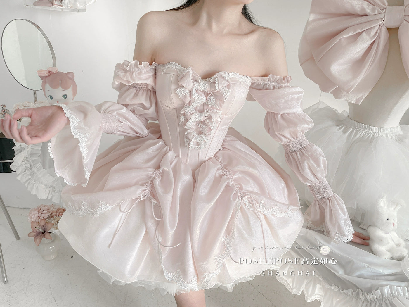 POSHEPOSE~Water Color Cherry~Gorgeous Blue Lolita JSK Dress Summer Gown Dress XS Pink Organza Short Dress + Wide Straps + Narrow Straps 