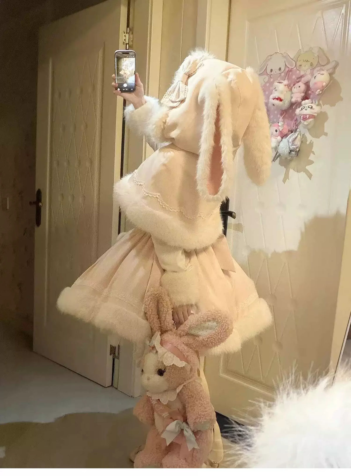 Sweet Dream Bunny - Sweet Lolita Cape & JSK Dress Set, Faux Fur Bunny Ear