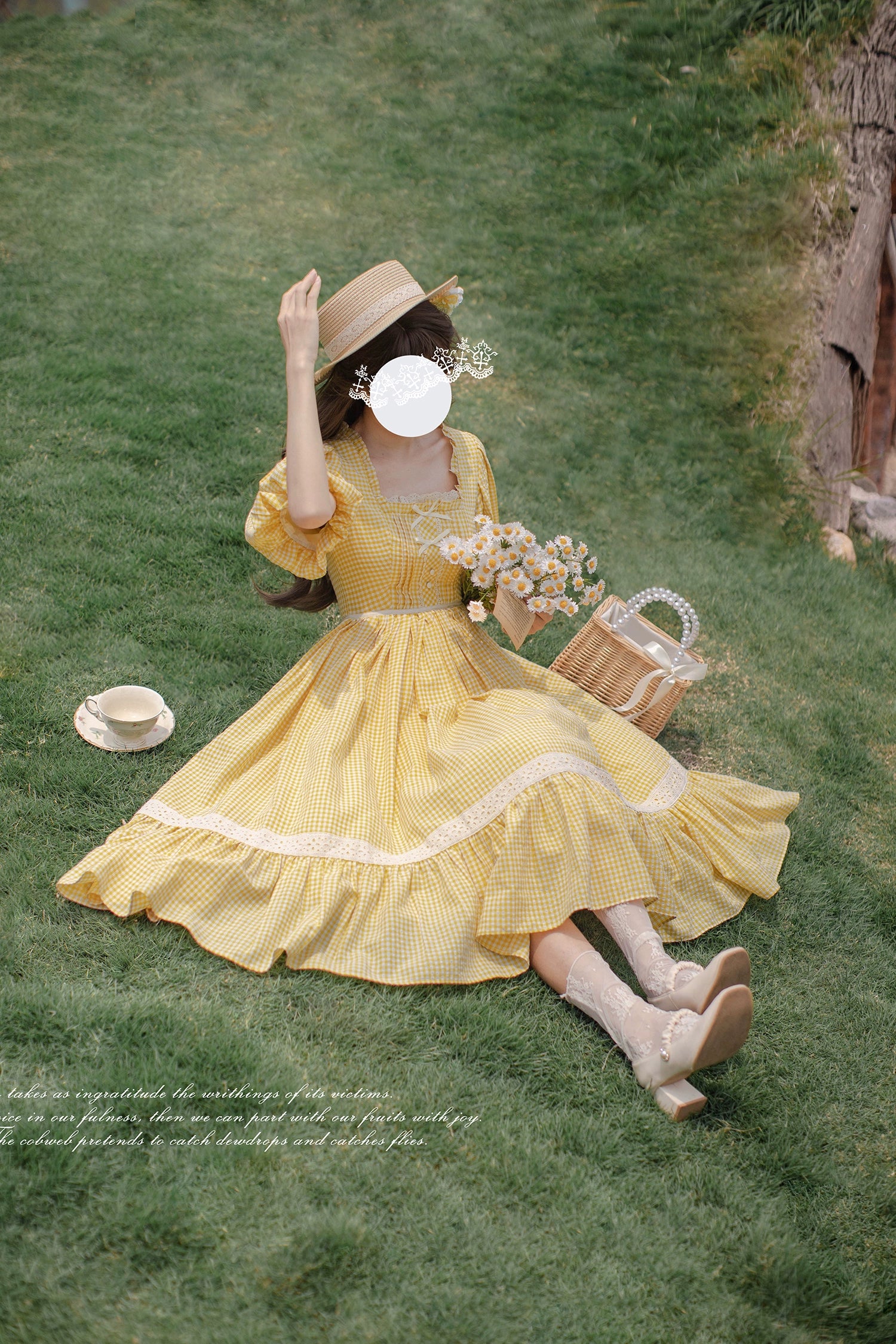 HuTaoMuJK - Belle - Yellow Lolita OP Dress Set Apron Dress Plaid Print