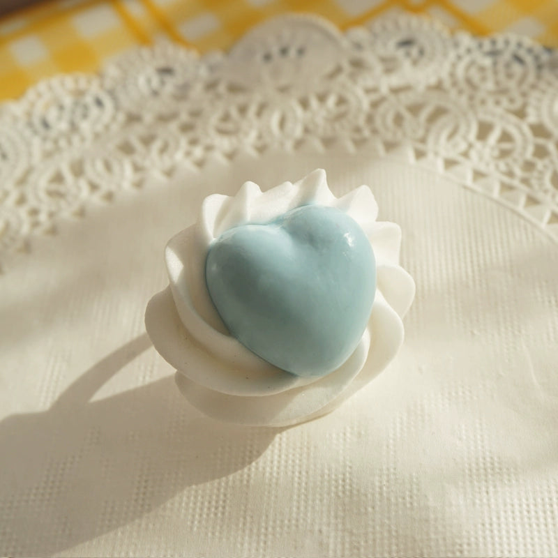 Cat Tea Party - Cute Lolita Ring Handmade Clay Cream Heart Shape Adjustable Ring Blue