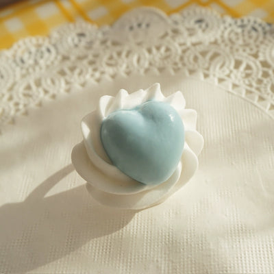 Cat Tea Party~Cute Lolita Ring Handmade Clay Cream Heart Shape Adjustable Ring Blue  
