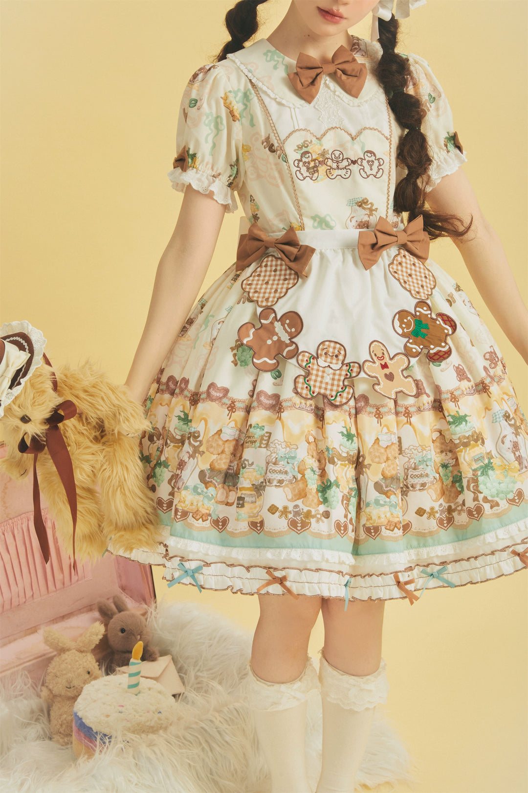 Babyblue~Little Bear Honey Jar~Kawaii Lolita Short Sleeve OP Gingerbread Man Embroidered Dress   