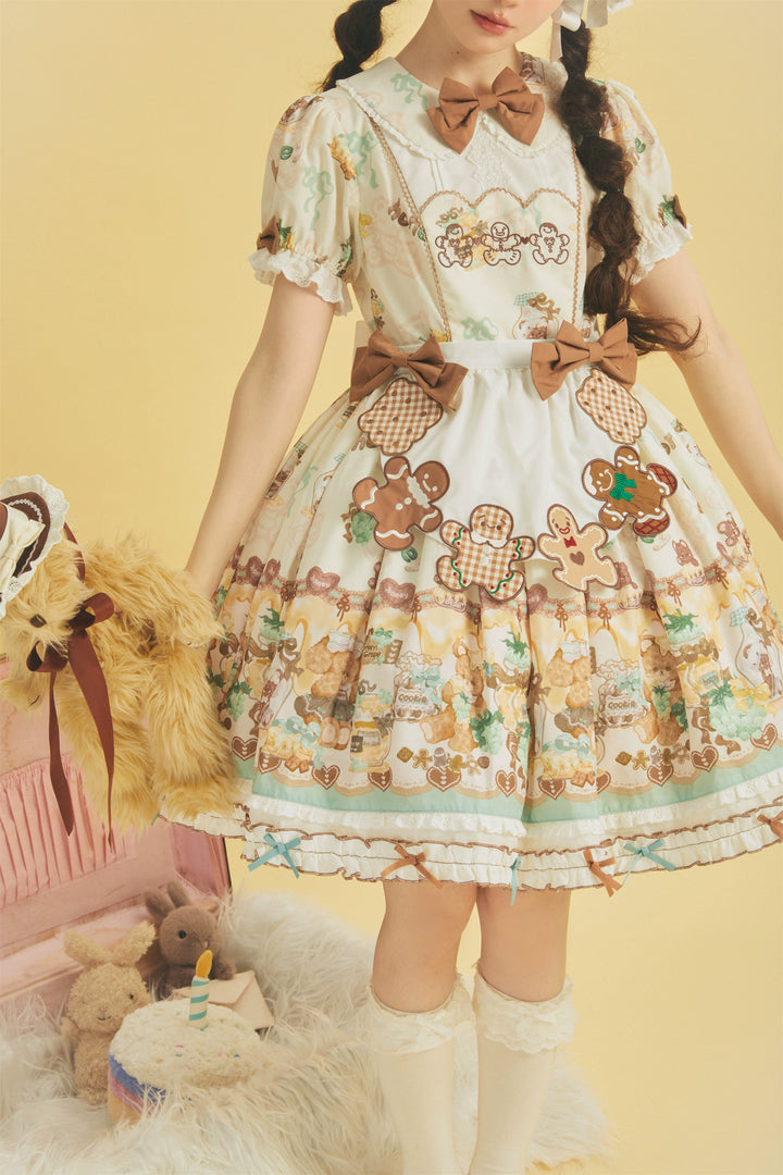 Babyblue~Little Bear Honey Jar~Kawaii Lolita Short Sleeve OP Gingerbread Man Embroidered Dress 40362:656846