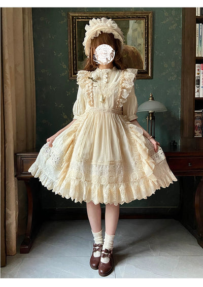 Nuit De Cellophane~Elegant Lolita Lace Beige Apron Dress   