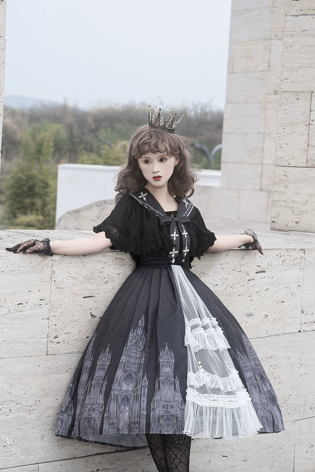 Cornfield Lolita~Silent Church~Gothic Lolita JSK Front Open Printed Dress and Thin Cardigan Set   