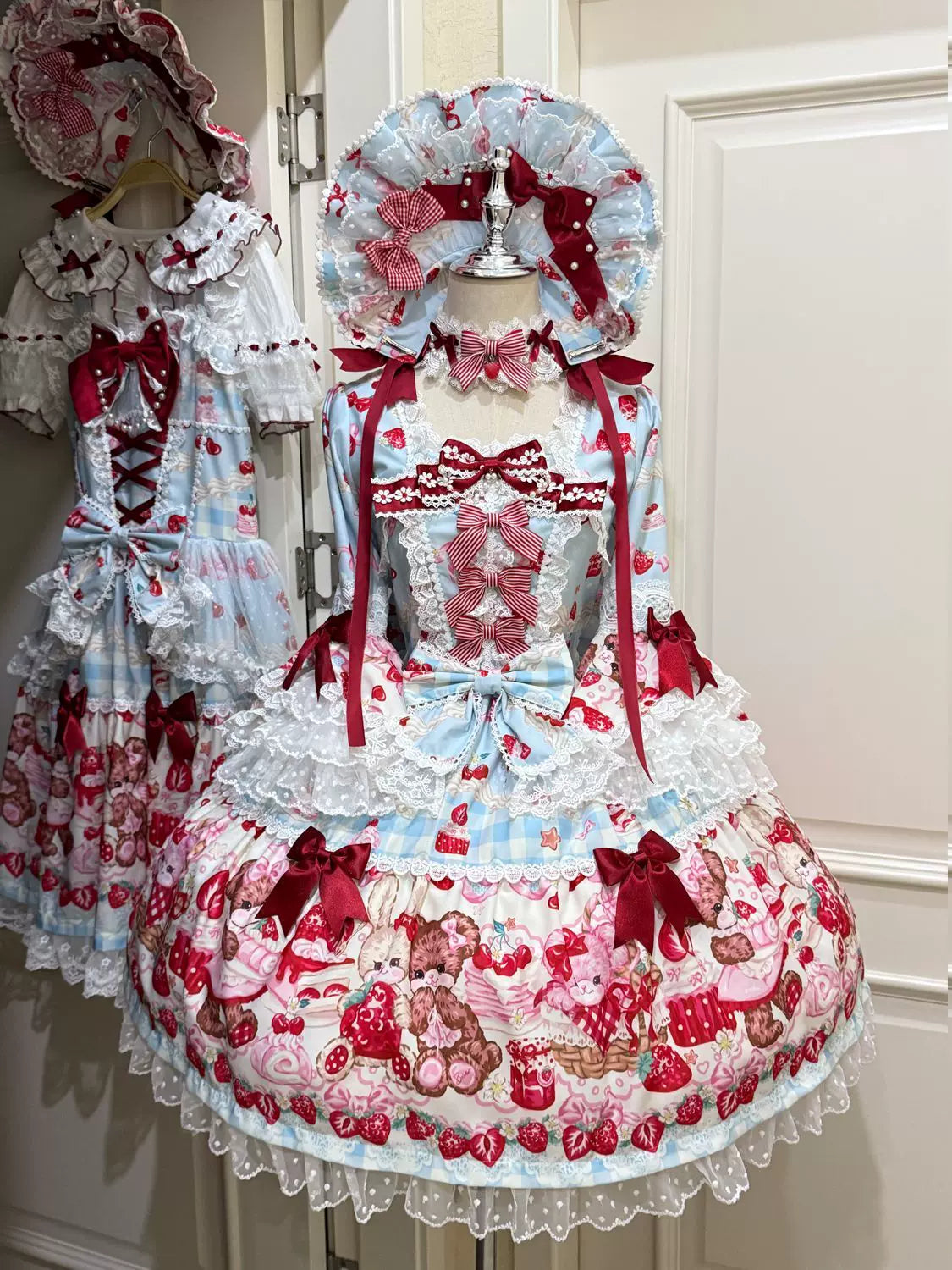 SweetBerry Bunny Bear - Sweet Lolita Hime Sleeve OP Dress, Strawberry and Bear Print Blue - OP Only S