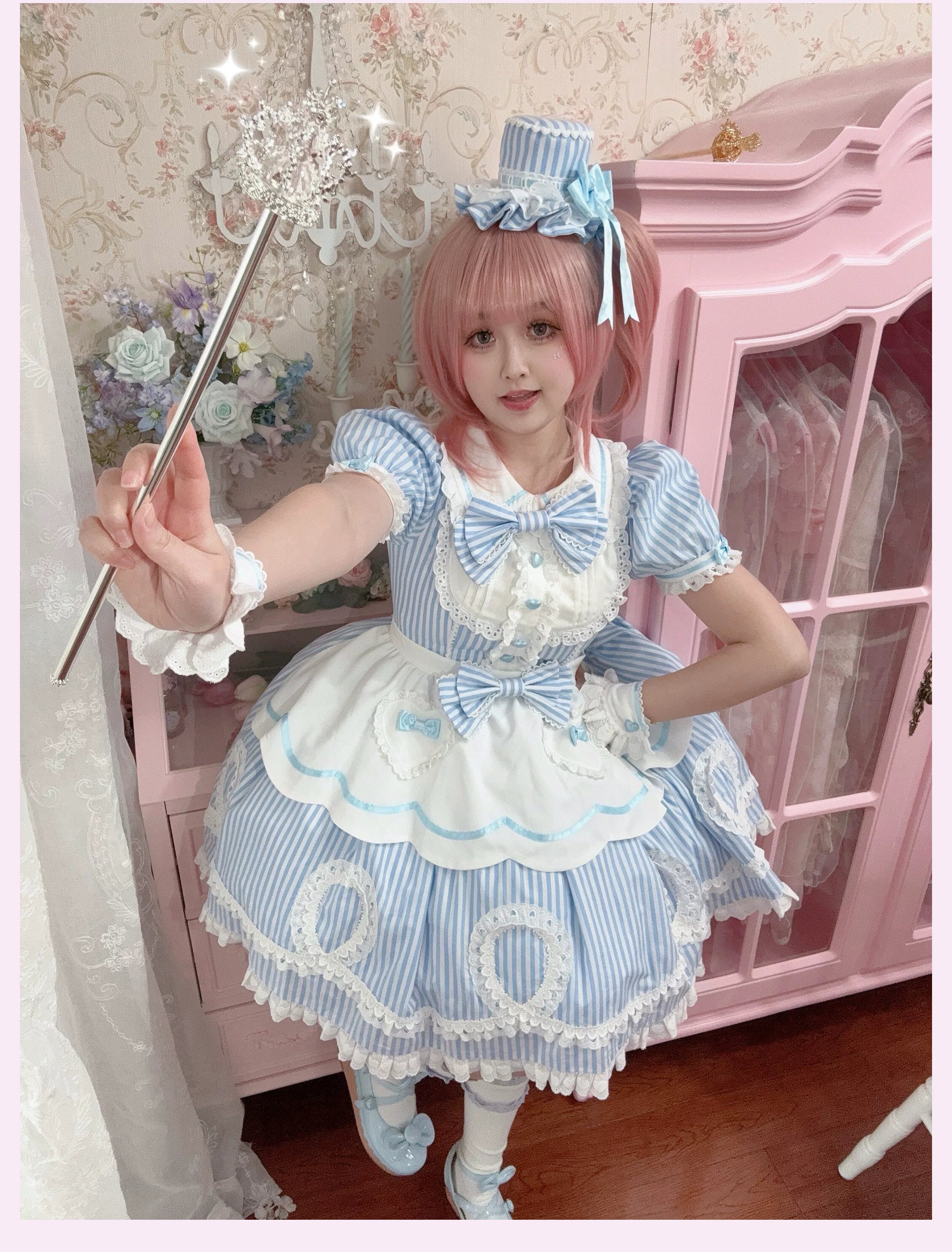 Candy Shop Manager - Old School Lolita Striped OP Dress, Detachable Apron 44788:822077