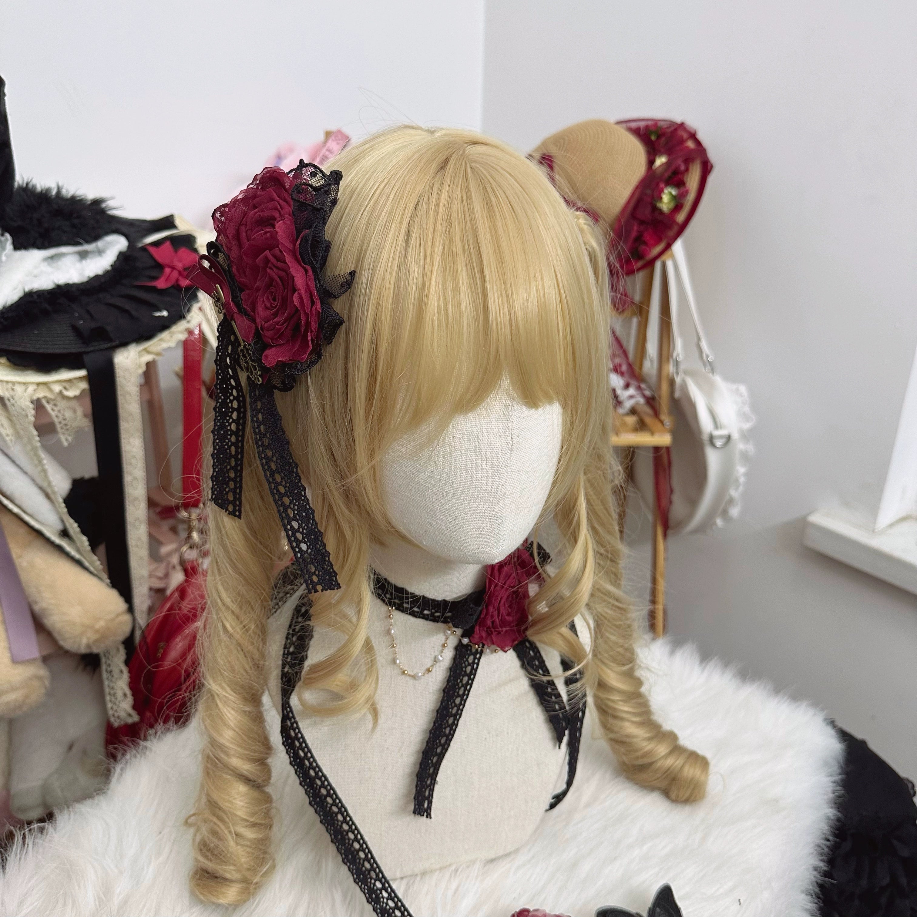 Chestnut Lolita - Elegant Lolita Rose Choker Handmade Headdress Set Multicolors black and red rose flower headdress
