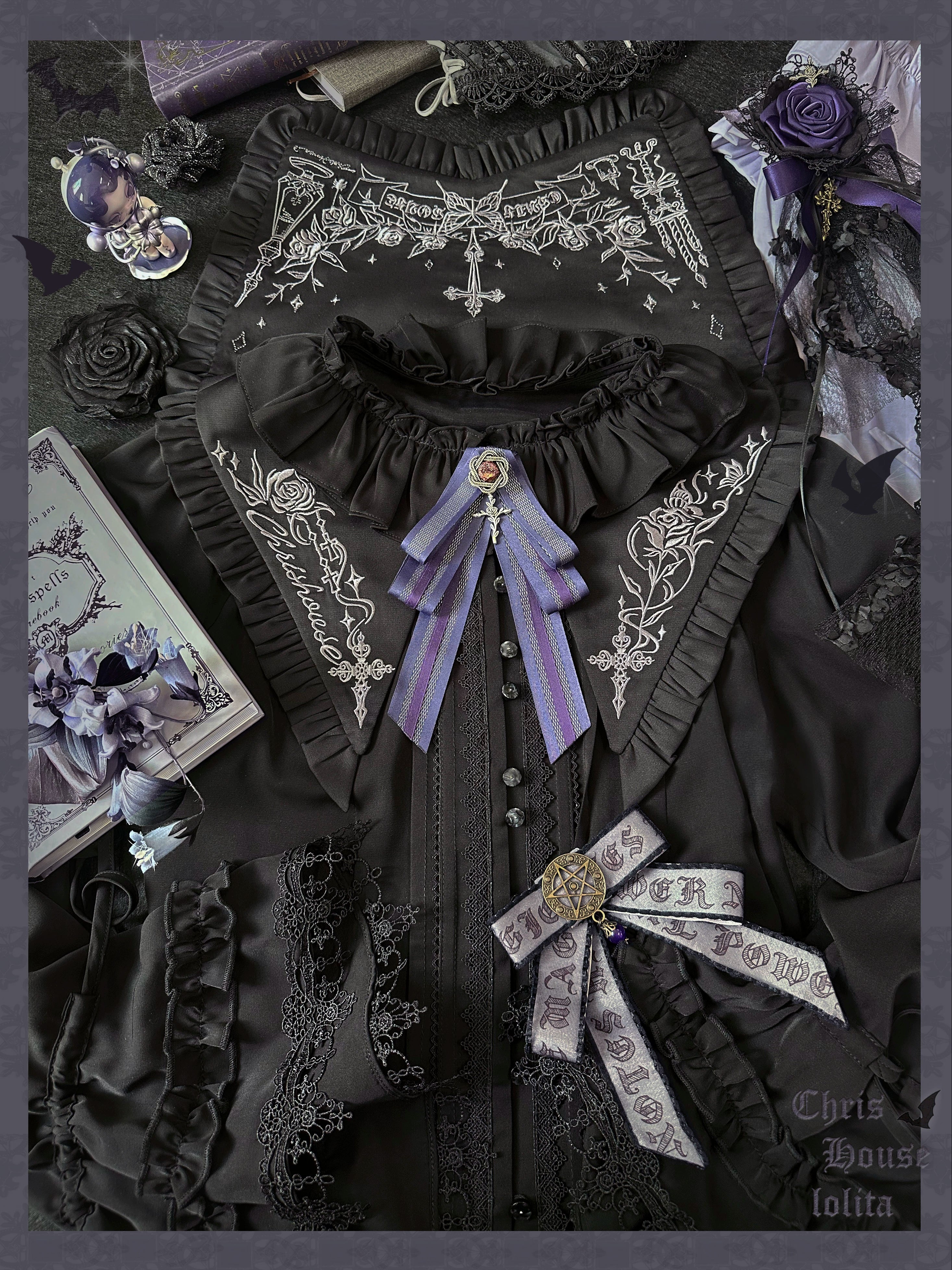 Chris House Lolita - Witch Notes - Gothic Loliat Embroidered Dress Suit, Cross and Rose Print 44096:795021