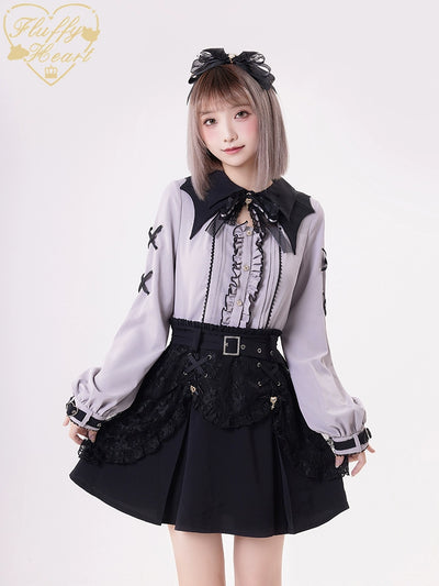 Jirai Kei Rhinestone Belt Black Lace Double Layers Skirt – 42Lolita