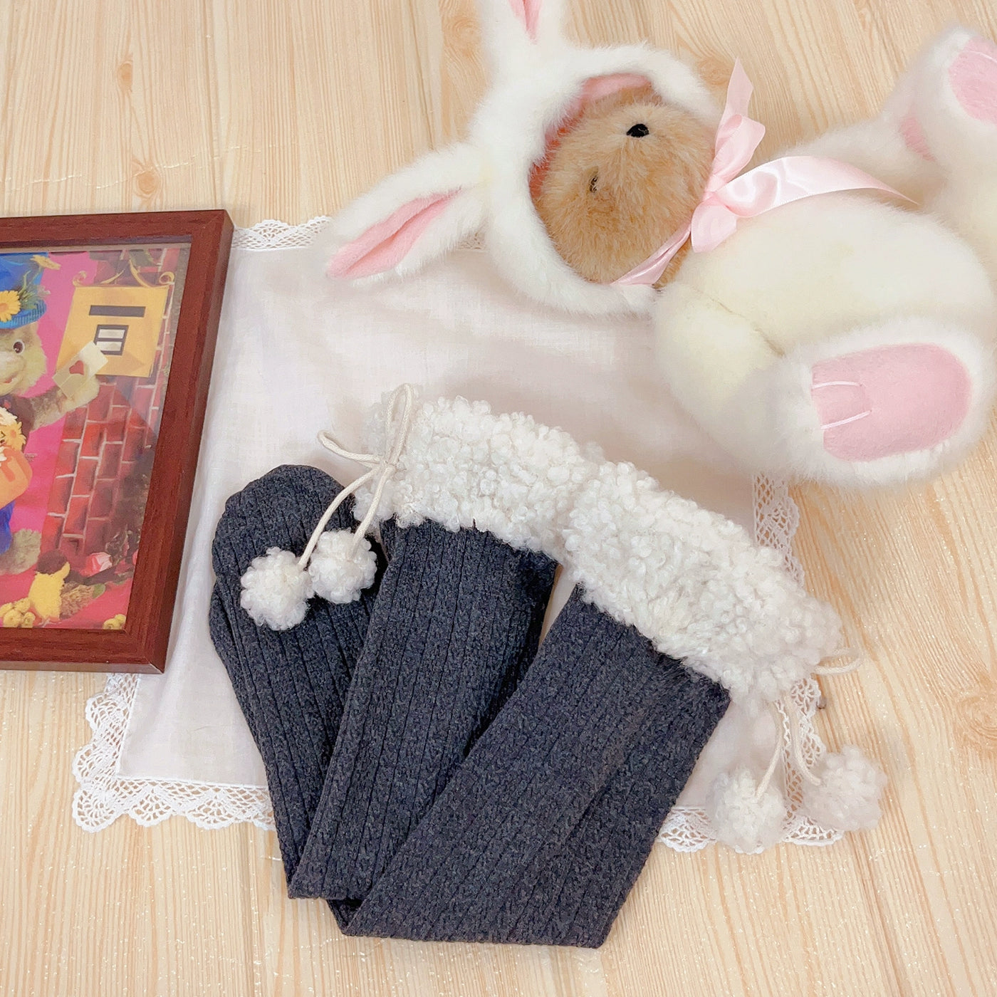Dolly Doll~Little Bean Cake~Cute Winter Plush Mid-Calf Lolita Socks Free size Dark Grey+White Plush Edge 