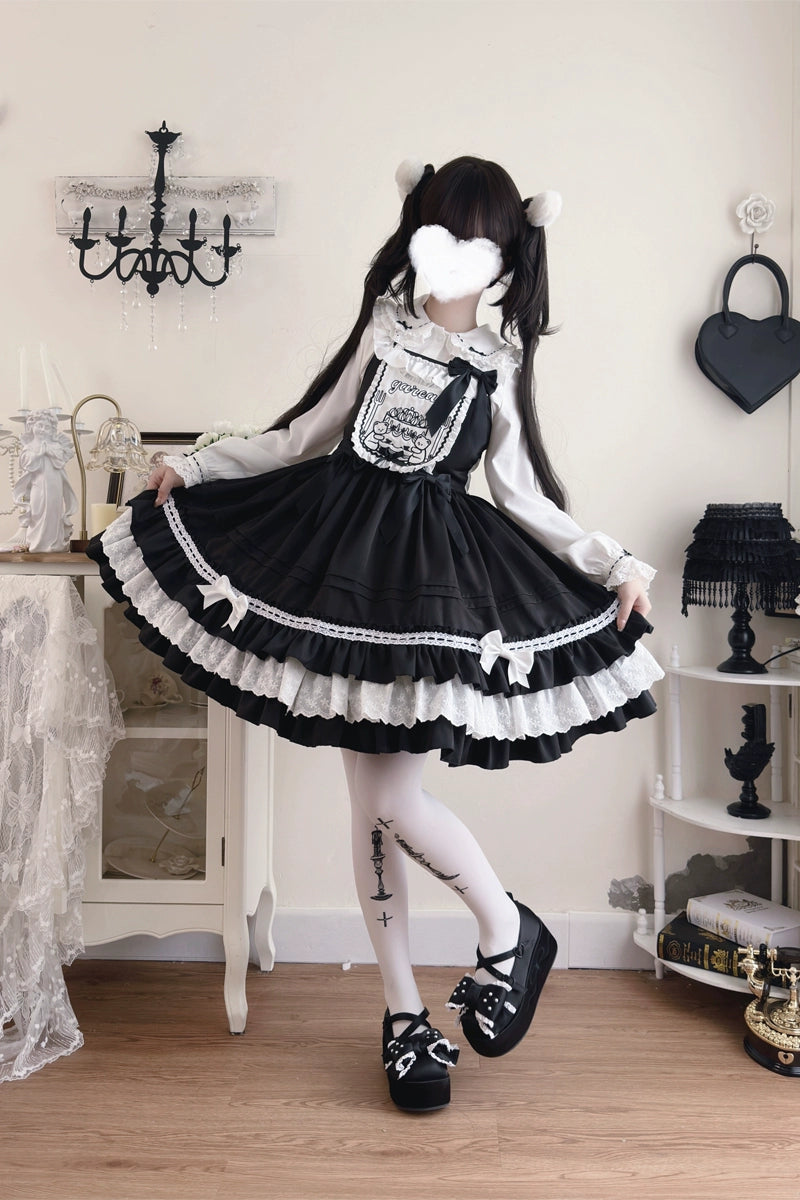 Hanguliang~Sweet Bear~Kawaii Lolita JSK Dress Embroidery Flounce Hem