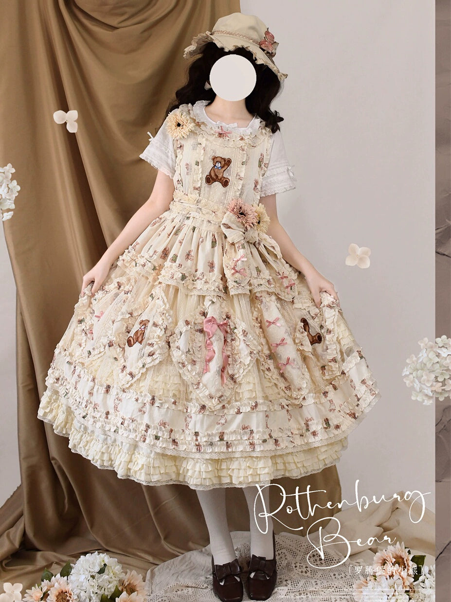 MONO GIRL~Rottengburg Bear~Sweet Lolita JSK Print Hollow-out Ruffles Dress 40730:674872