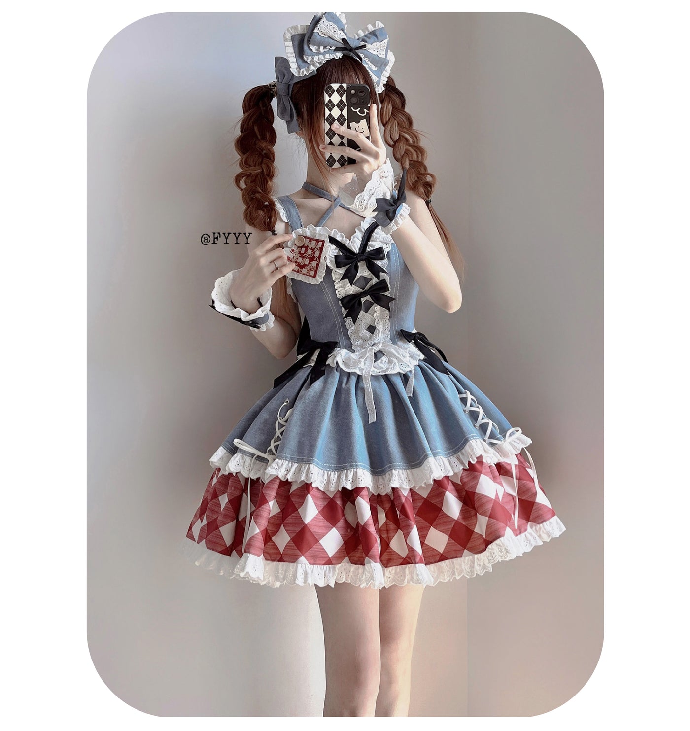 Kuma~Sweet Cowboy~Sweet Lolita Pastel Colors Denim Skirt Set XS full set of denim red plaid top + skirt + all accessories 