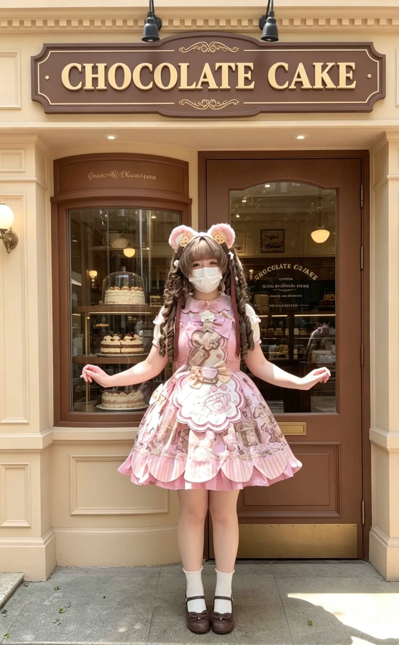 Bear Biscuit SP - Kawaii Lolita Bear Printed Dress Set with Bows 45375:846411