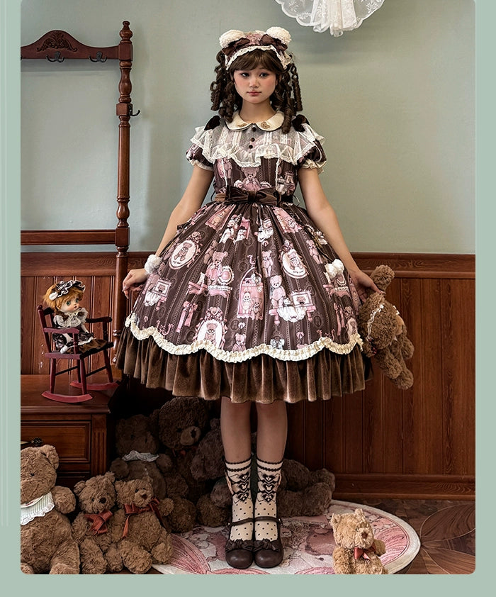 Alice Girl~Bear Doll Wall~Sweet Lolita OP Lovely Bear Print Dress   