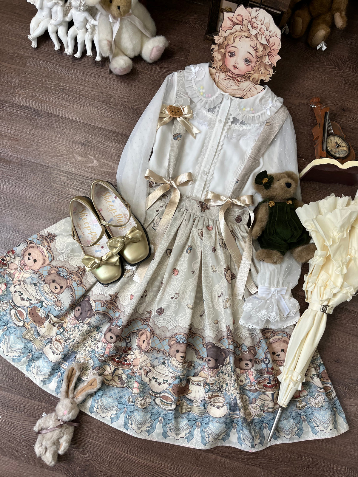 Bear's Tea Party - Kawaii Vintage Lolita Suspender Skirt, Bear Print (L M S) 46007:871885