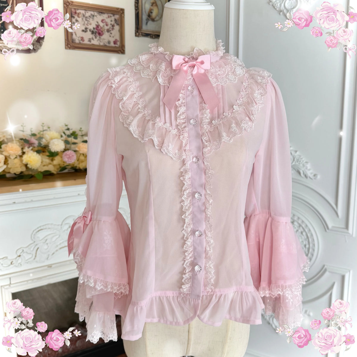 Sweet Lolita Lace Buttoned Blouse with Hime Sleeves Pink Blouse Only S