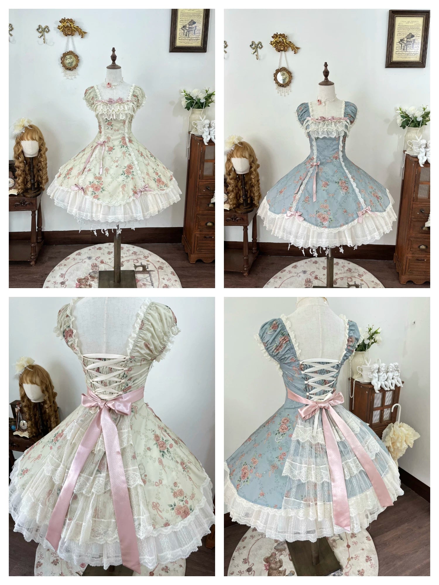 Pearl & Rose - Old School Lolita Floral Print Lolita OP Dress, Back Opening 45925:868412