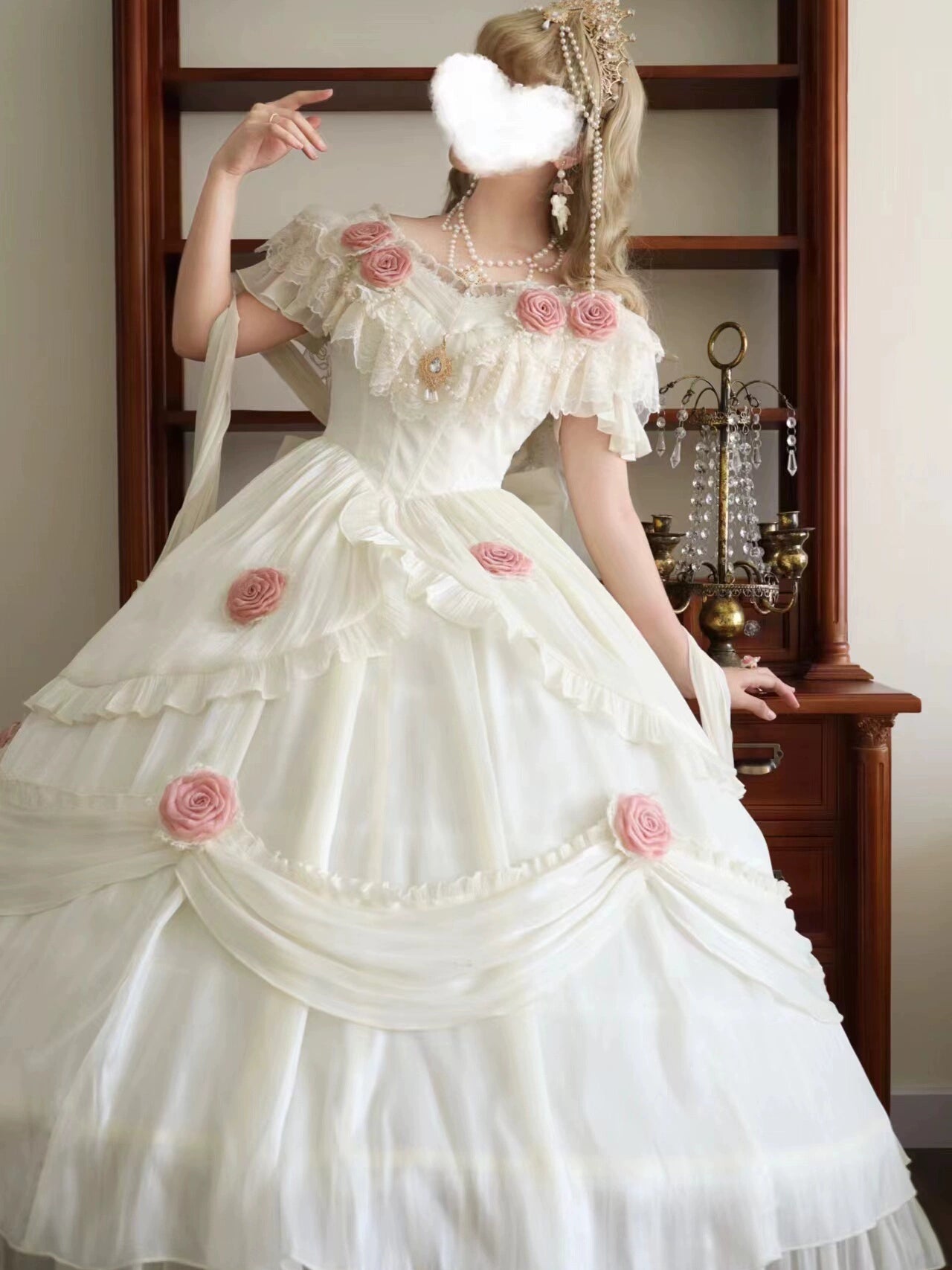 Meowing and fruity - Tana Manor - Classic Lolita OP Dress, Floral Decoration S Beige