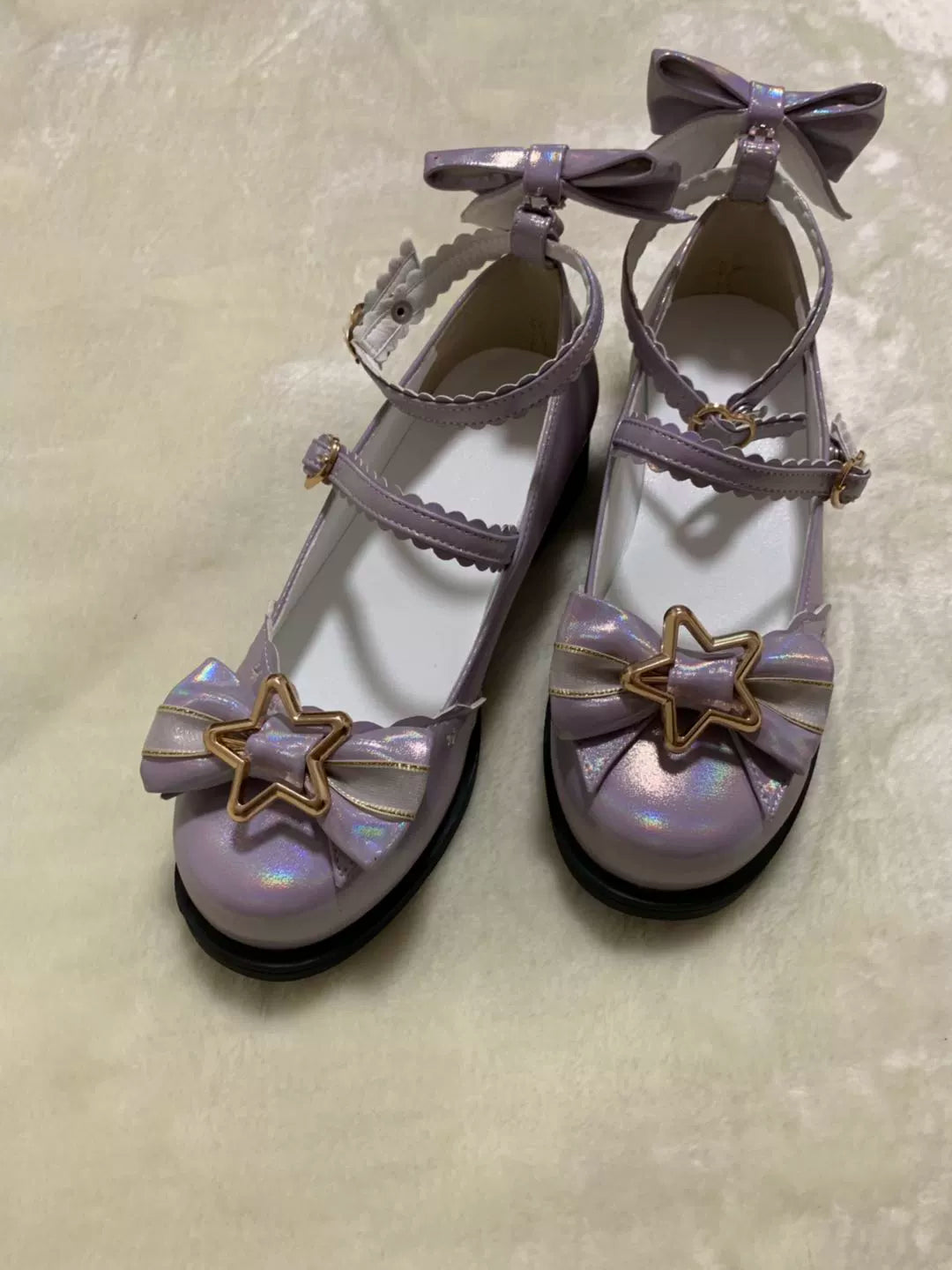 (BFM)Bubble Cat~Dreamy Starry~Sweet Lolita Shoes Low Heel Bow Shoes 34 light purple (giltter under the sun) 