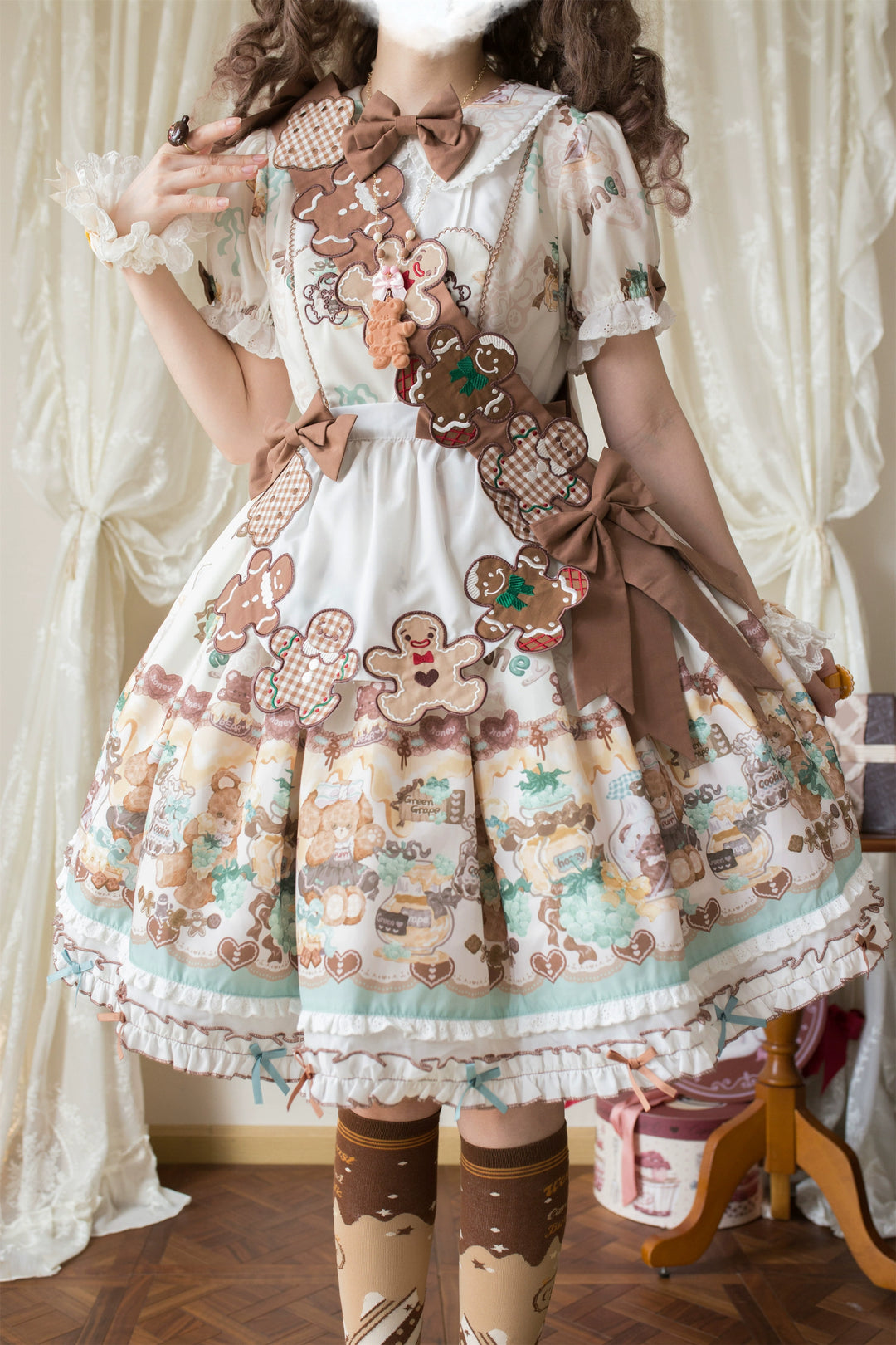 Babyblue~Little Bear Honey Jar~Kawaii Lolita Short Sleeve OP Gingerbread Man Embroidered Dress 40362:656912