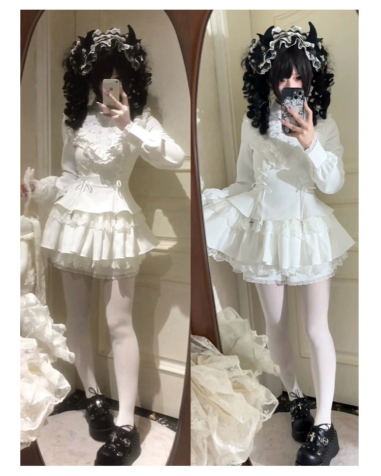 With Puji - Doki - Twin Lolita OP Black/White Goth Dress with Pocketed Shorts