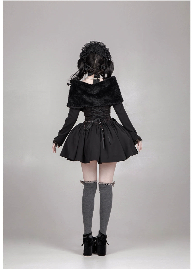 With PUJI~Old Testament~Classic Lolita Coat Black Plush Lolita Cape and Brooch