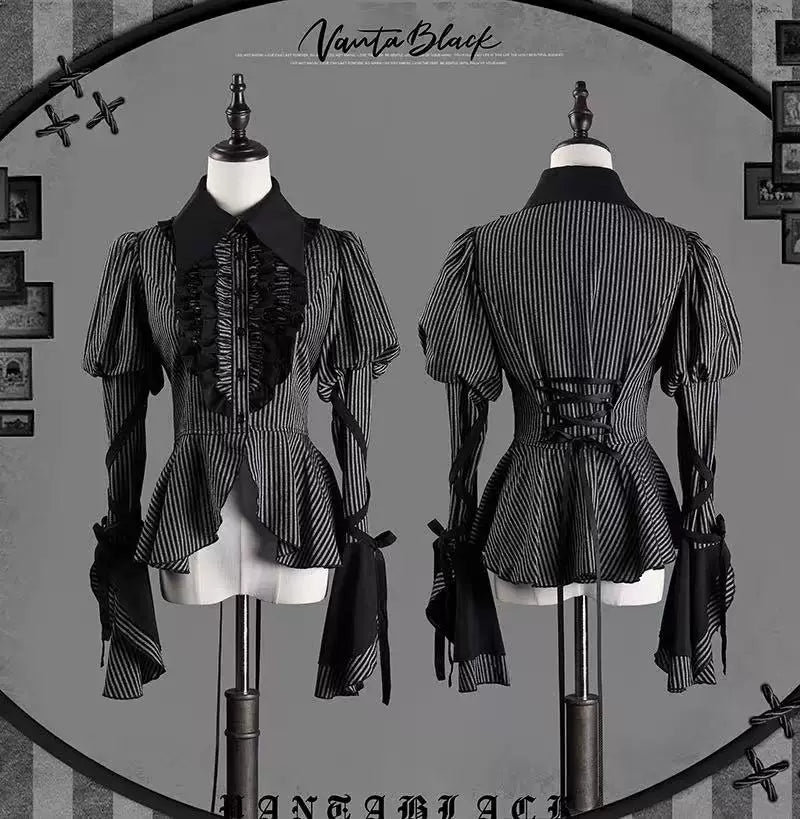 Striped Wednesday - Gothic Lolita Striped Blouse Set, Ruffled Corset (L M S XL) 45176:838934