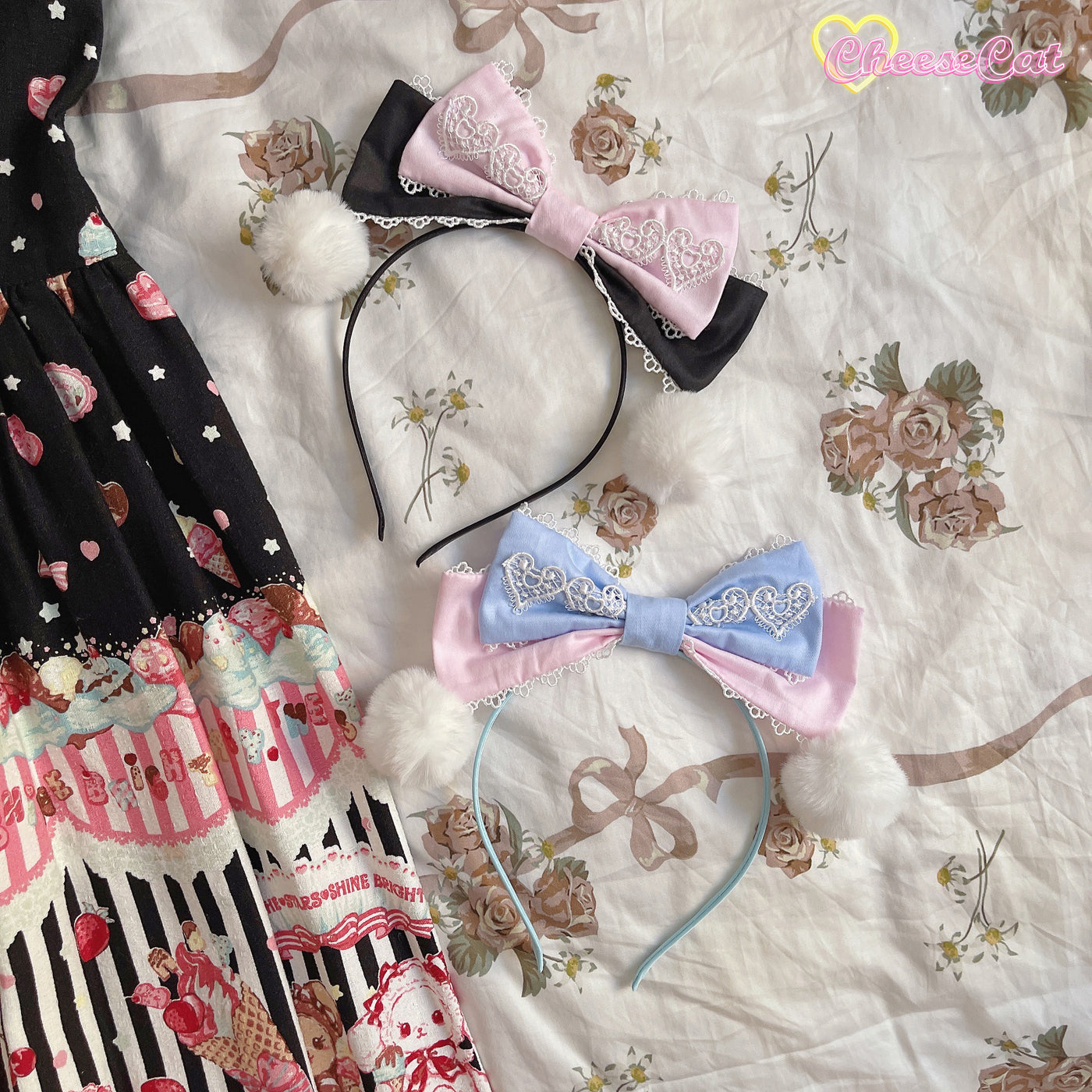 (Buyforme)Cheese Cat~Cute and Fluffy Rabbit Ear Lolita KC black blue bow kc  