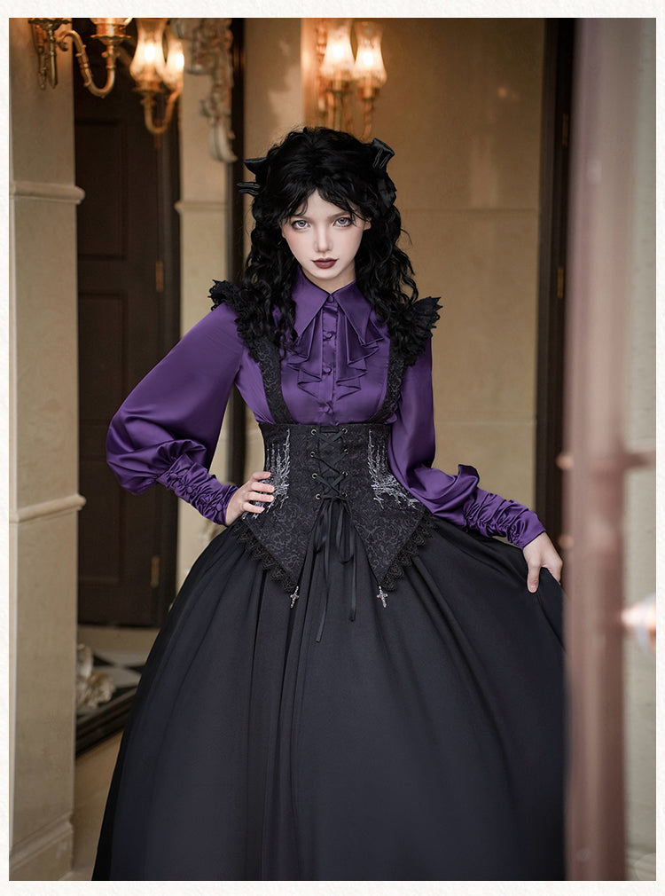 With PUJI - Thorn Night - Gothic Lolita Satin Shirt Solid Color Fake Two-Piece Blouse