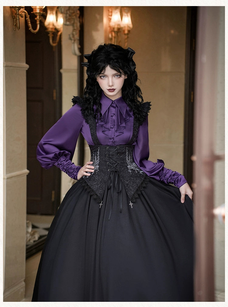 With PUJI~Thorn Night~Gothic Lolita Satin Shirt Solid Color Fake Two-Piece Blouse