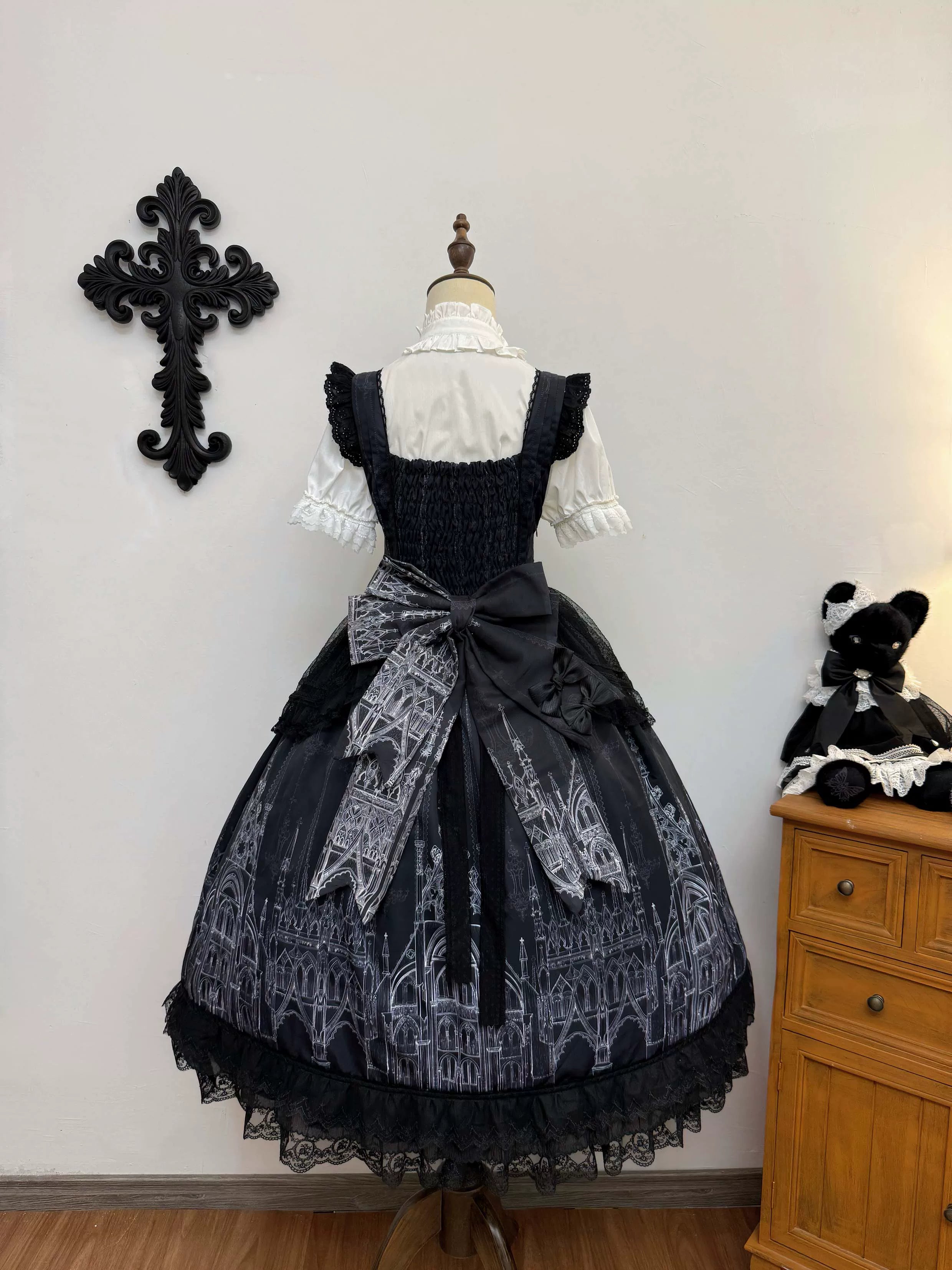 Silent Spire - Gothic Lolita Cathedral Print JSK & OP Dress Set, Side Pockets 45921:868191
