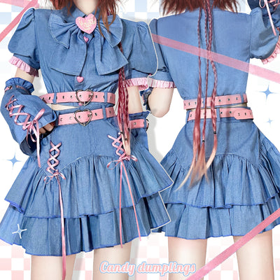 (Buyforme)Bubble Trap~Y2K Denim Sweetheart Skirt Set   