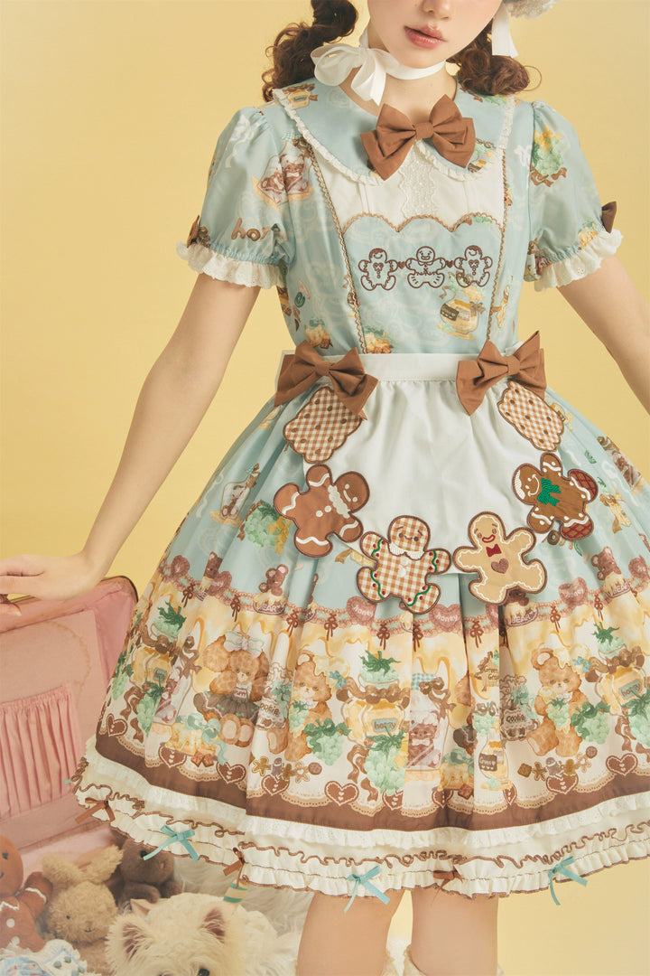 Babyblue~Little Bear Honey Jar~Kawaii Lolita Short Sleeve OP Gingerbread Man Embroidered Dress Light Green OP + Apron - Regular Version S 