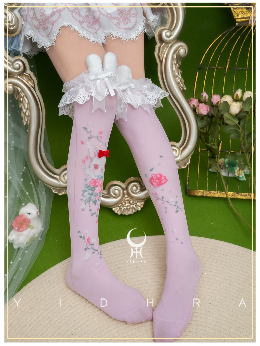 Yidhra~Animal Garden~Kawaii Lolita Calf Socks Cat Rabbit Print Stockings Pink - Stockings