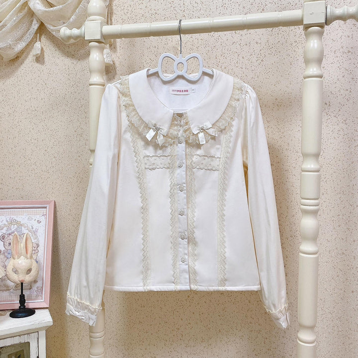 MIST~Grace Deer~Sweet Lolita Blouse with Peter Pan Collar and Long Sleeves Ivory - Thin Version S