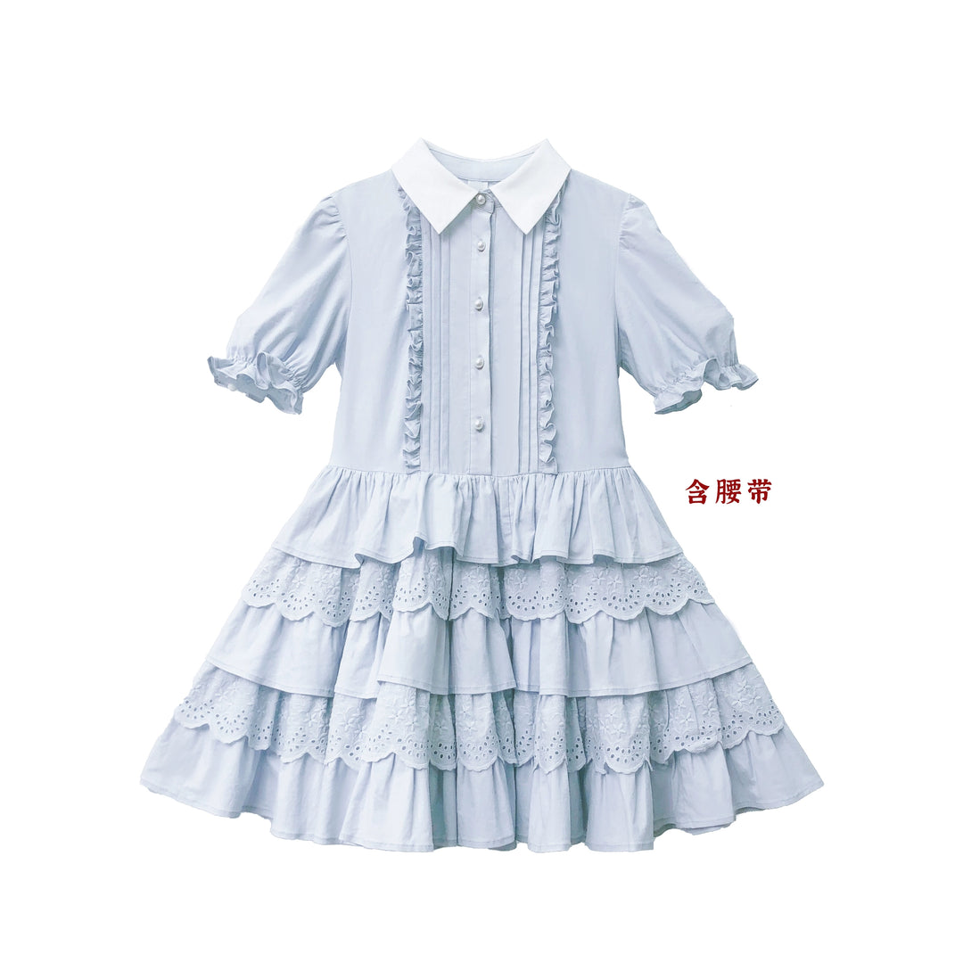 HuTaoMuJK~Tulle~Elegant Cotton Lolita OP Dress Blue Tiered Hem Cake Blue Lolita Dress S dress (with a waist tie) 